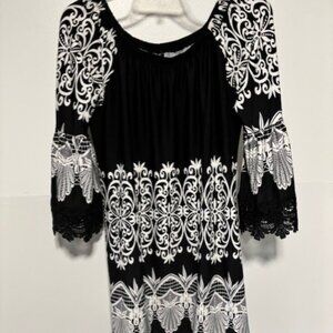 White Mark XL Black White Dress 3/4 Statement Bell Sleeve Lace Trim Boho Glam